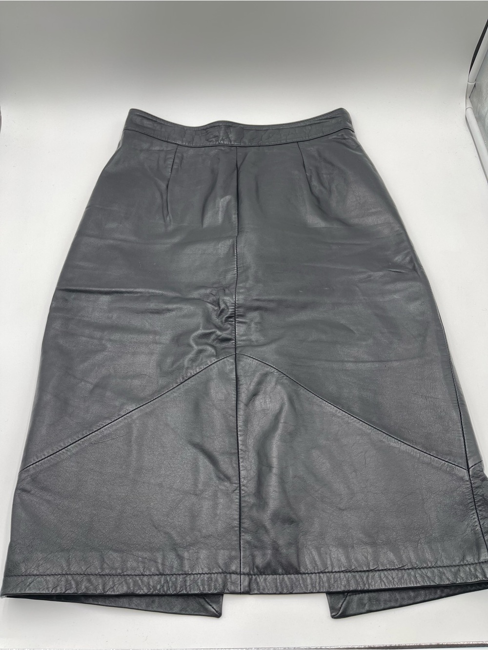 Pelle Cuir Vintage 80s Black Leather Pencil Midi Skirt High Rise Paneling Sz 12 - Picture 3 of 12